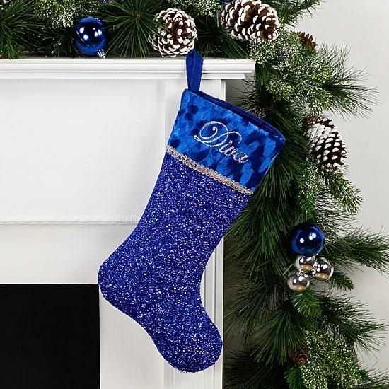 17'' Blue and Silver Embroidered 'Diva' Christmas Stocking with Cuff