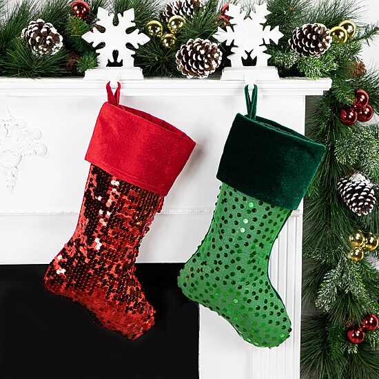 20'' Shiny Metallic Green Sequined Christmas Stocking with Velveteen Cuff