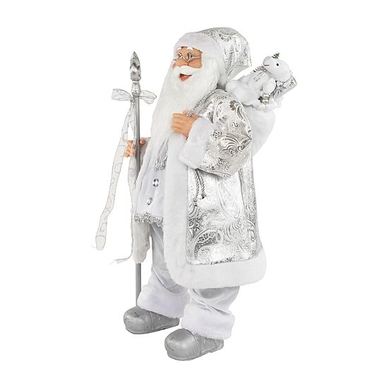 24'' Silver and White Santa Claus with Staff and Gift Bag Christmas Figure