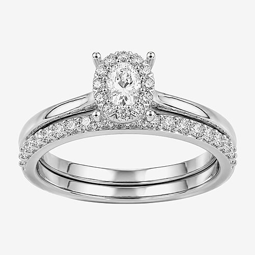 Surrounded by Love (H / I1-I2) Womens 1/2 CT. T.W. Lab Grown White Diamond Sterling Silver Oval Halo Bridal Set, 9, White