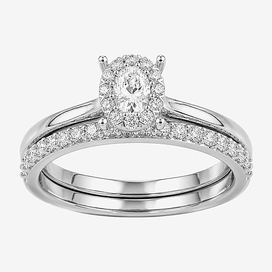 Surrounded by Love (H / I1-I2) Womens 1/2 CT. T.W. Lab Grown White Diamond Sterling Silver Oval Halo Bridal Set