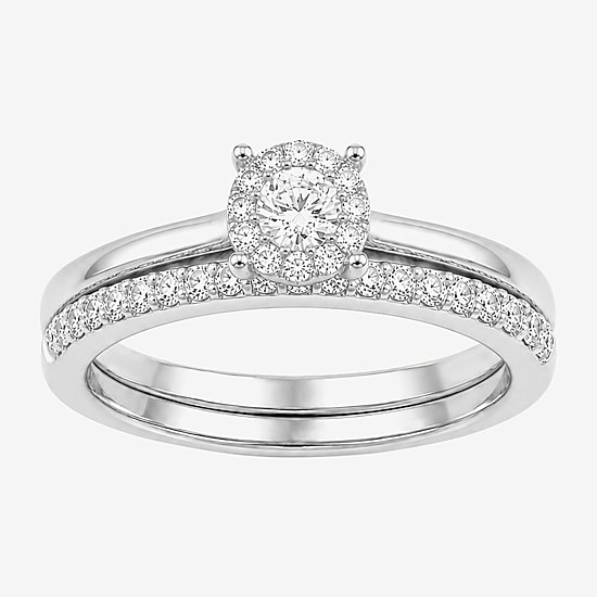 Surrounded by Love (H / I1-I2) Womens 1/2 CT. T.W. Lab Grown White Diamond Sterling Silver Round Halo Bridal Set