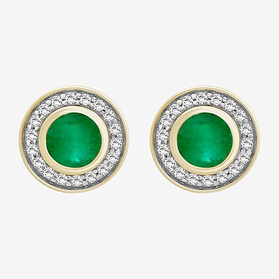 (I-J / I2-I3) 1/5 CT. Genuine Green Emerald 10K Gold 9mm Round Stud Earrings