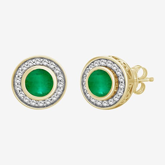 (I-J / I2-I3) 1/5 CT. Genuine Green Emerald 10K Gold 9mm Round Stud Earrings