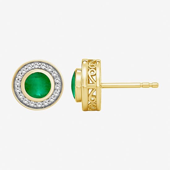 (I-J / I2-I3) 1/5 CT. Genuine Green Emerald 10K Gold 9mm Round Stud Earrings