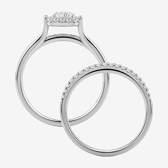 (H / I1-I2) Womens 1 CT. T.W. Lab Grown White Diamond Sterling Silver Round Side Stone Halo Bridal Set