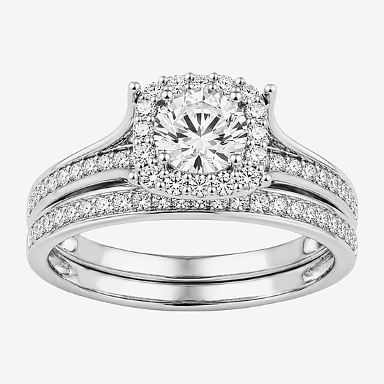 (H / I1-I2) Womens 1 CT. T.W. Lab Grown White Diamond Sterling Silver Round Side Stone Halo Bridal Set