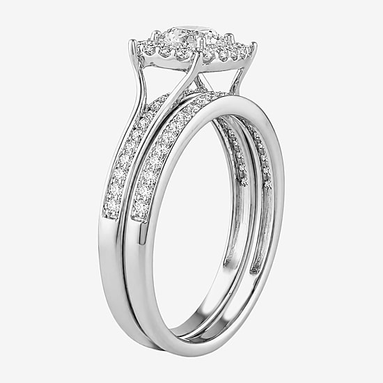 (H / I1-I2) Womens 1 CT. T.W. Lab Grown White Diamond Sterling Silver Round Side Stone Halo Bridal Set
