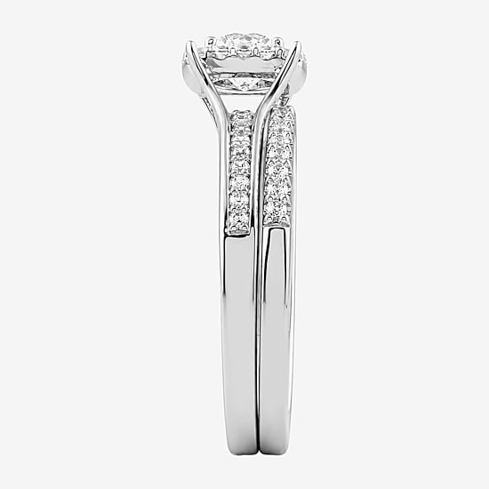 (H / I1-I2) Womens 1 CT. T.W. Lab Grown White Diamond Sterling Silver Round Side Stone Halo Bridal Set