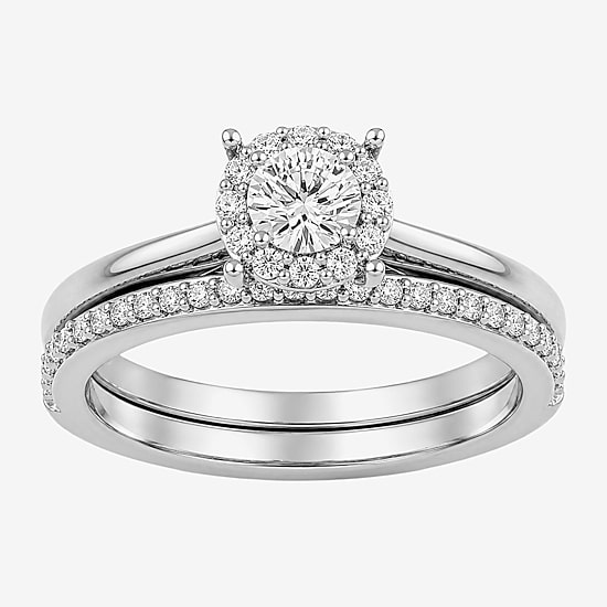 Surrounded by Love (H / I1-I2) Womens 3/4 CT. T.W. Lab Grown White Diamond Sterling Silver Round Side Stone Halo Bridal Set