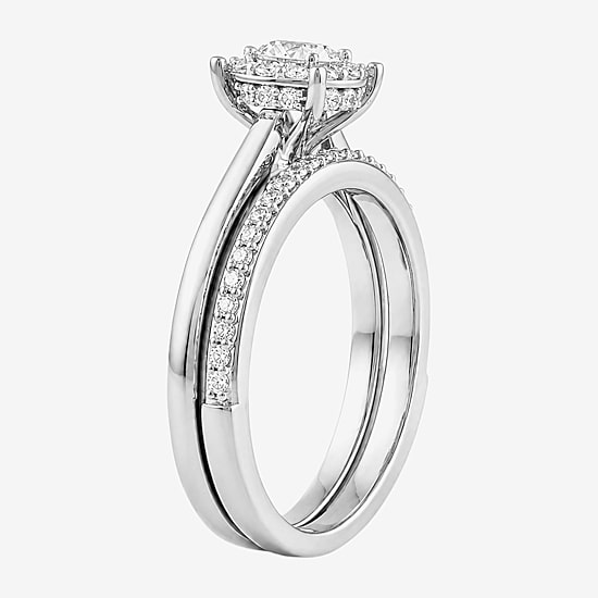 Surrounded by Love (H / I1-I2) Womens 3/4 CT. T.W. Lab Grown White Diamond Sterling Silver Round Side Stone Halo Bridal Set