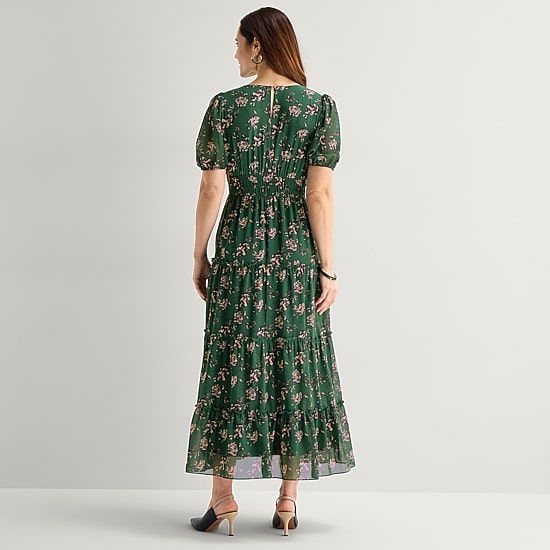 Melonie T Womens V Neck Short Sleeve Balloon Chiffon Maxi Dress
