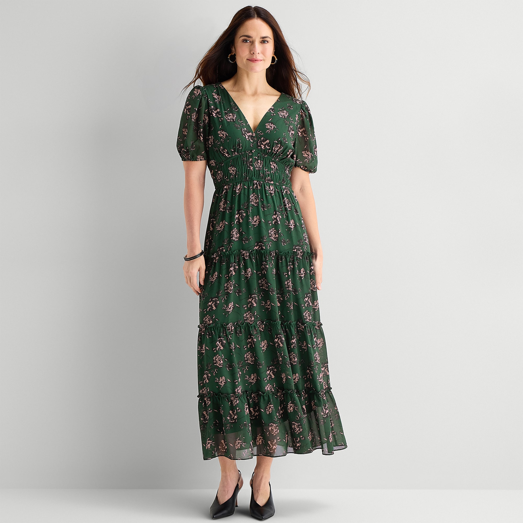 Melonie T Womens V Neck Short Sleeve Balloon Maxi Dress