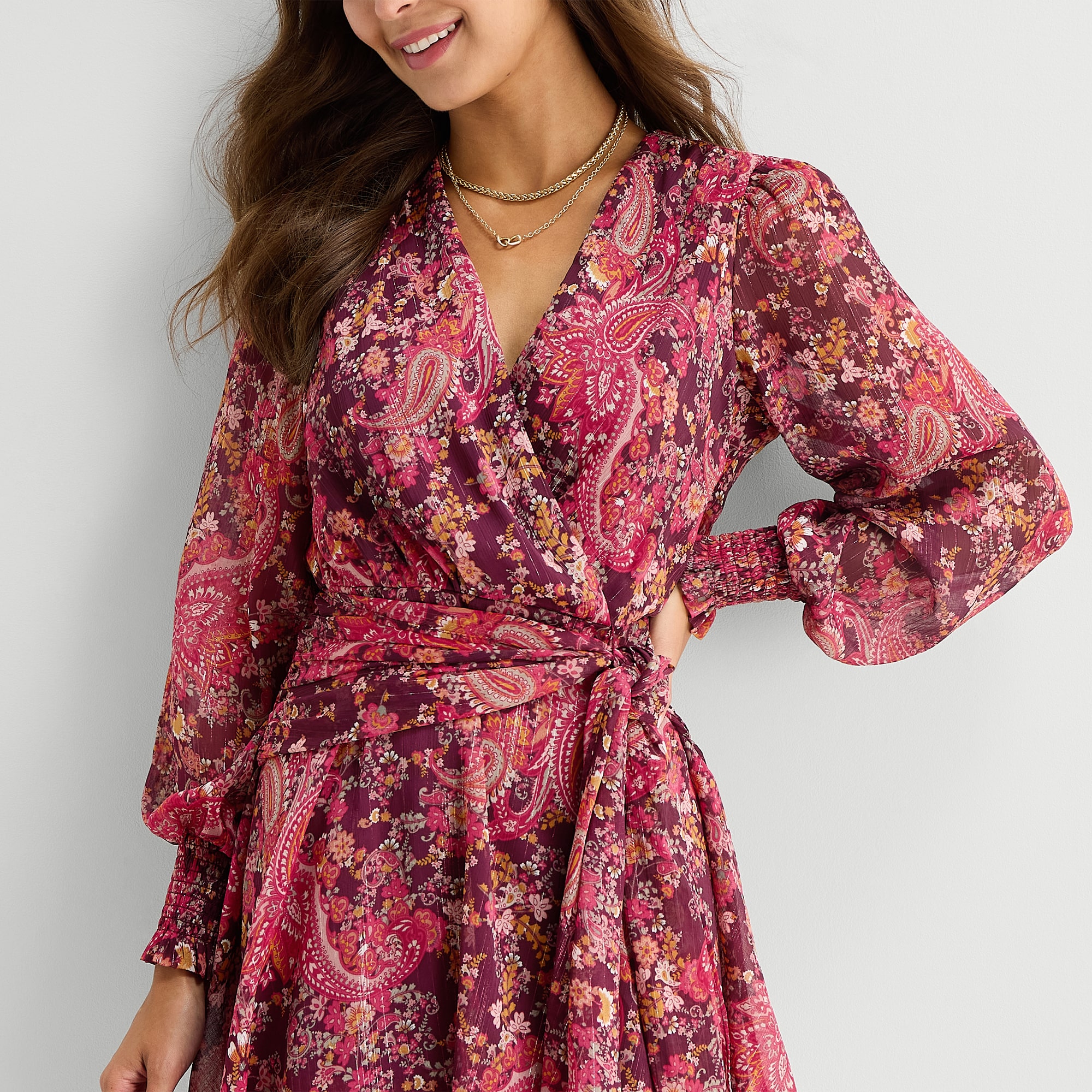 Melonie T Womens V Neck Long Sleeve Cuffed Chiffon Floral Fit + Flare Dress