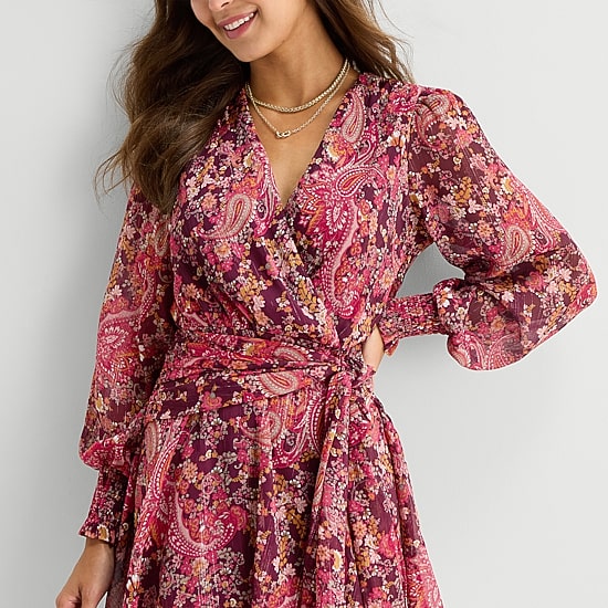 Melonie T Womens V Neck Long Sleeve Cuffed Chiffon Floral Fit + Flare Dress