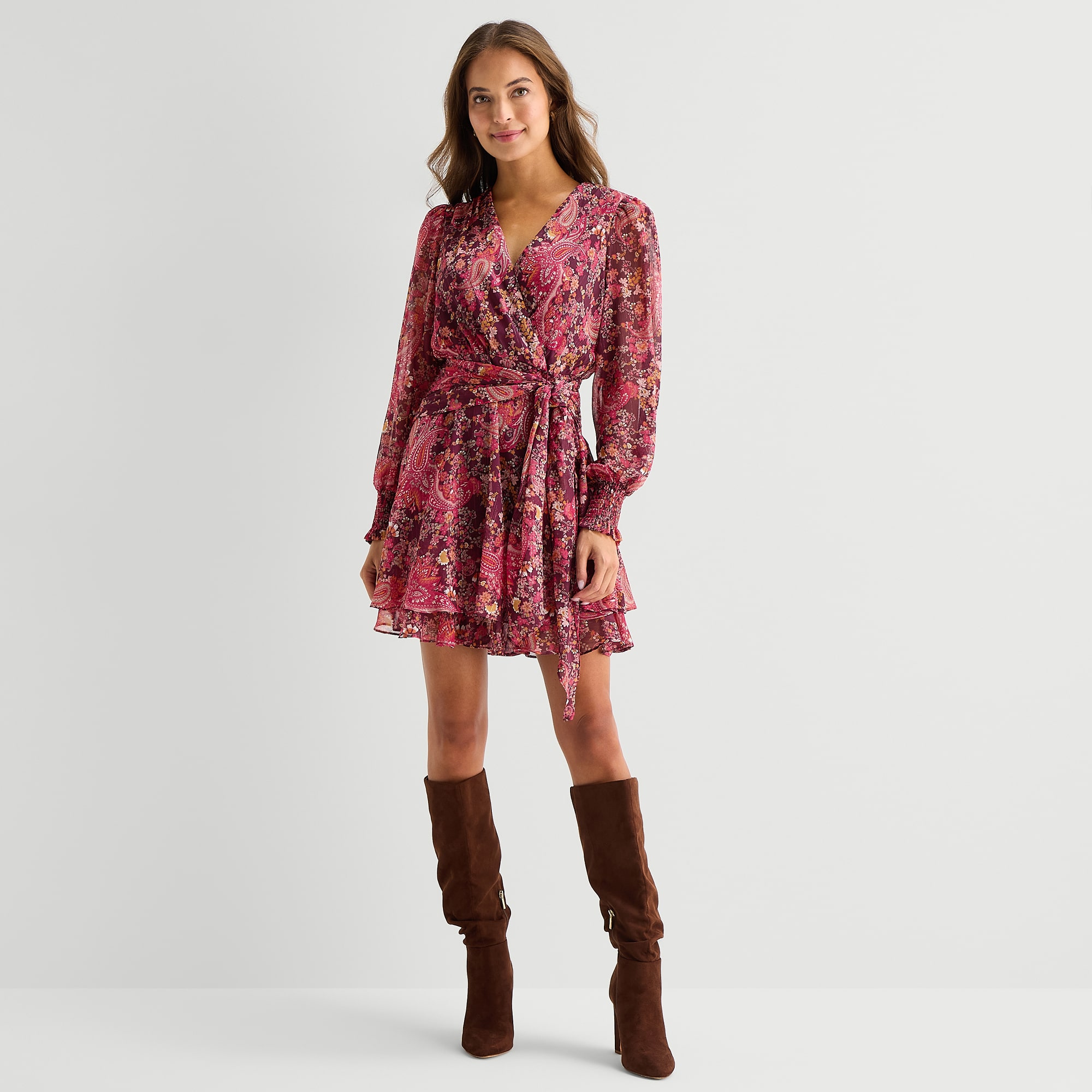 Melonie T Womens V Neck Long Sleeve Cuffed Chiffon Floral Fit + Flare Dress