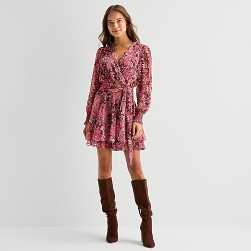 Melonie T Womens V Neck Long Sleeve Cuffed Floral Fit + Flare Dress In Red