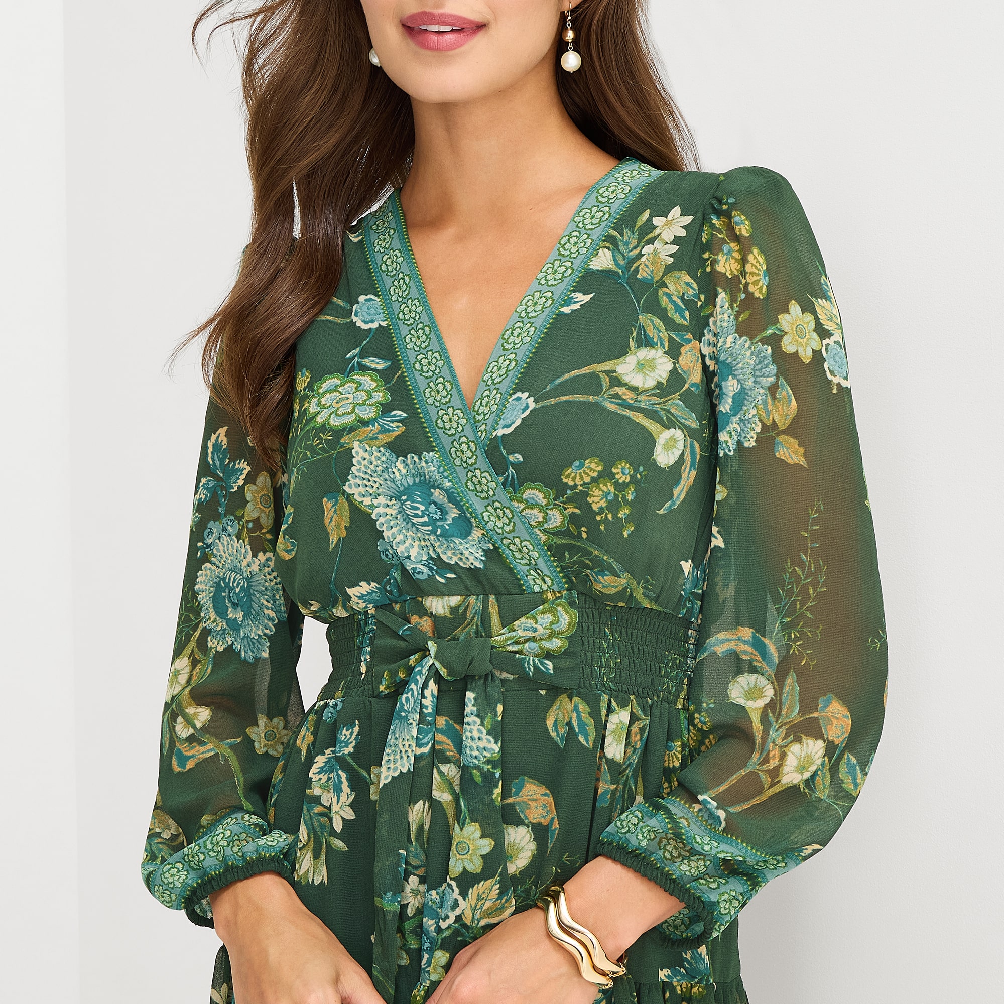 Melonie T Womens Midi V Neck Long Sleeve Balloon Maxi Dress