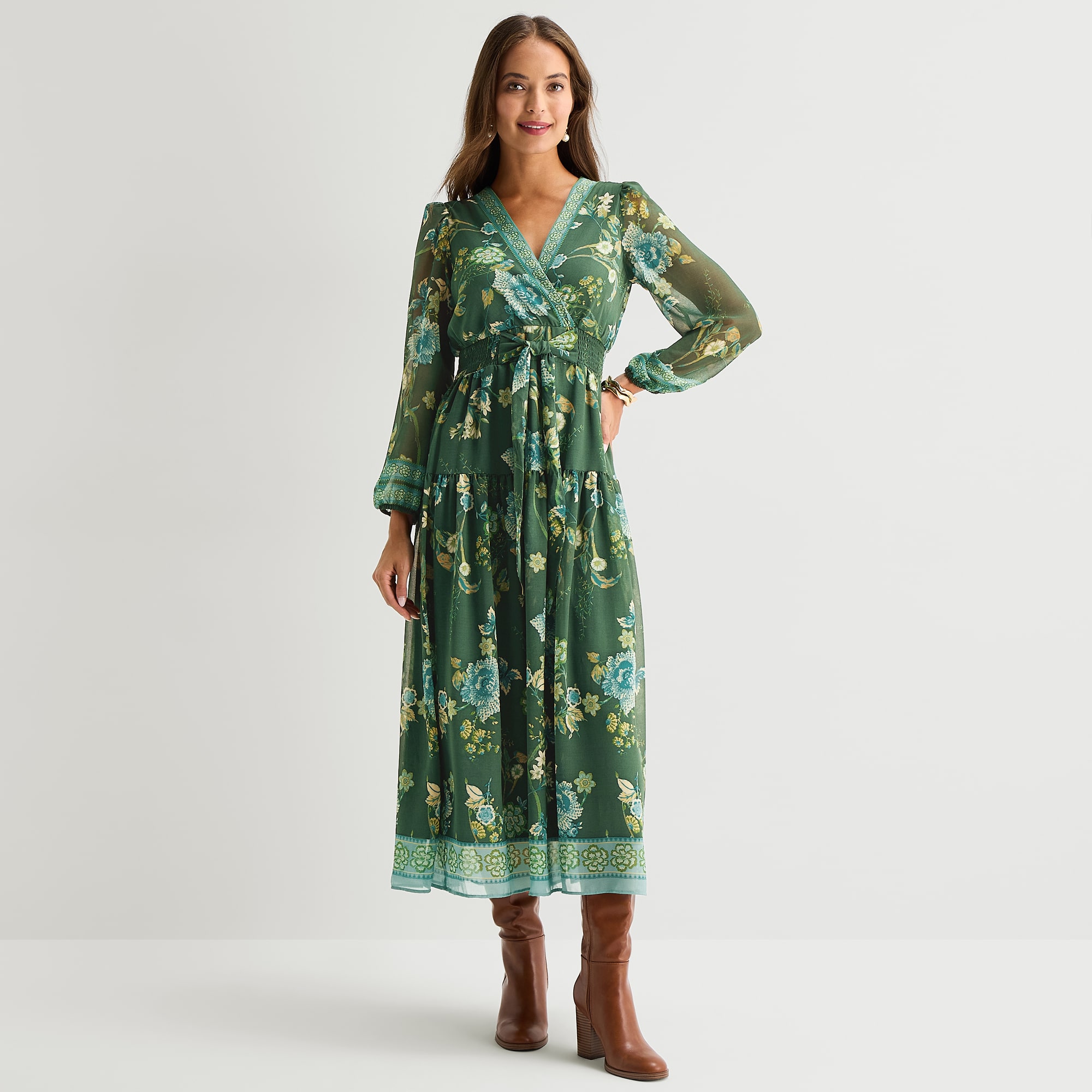 Melonie T Womens Midi V Neck Long Sleeve Balloon Maxi Dress