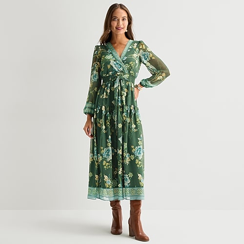 Melonie T Womens Midi V Neck Long Sleeve Balloon Maxi Dress In Green