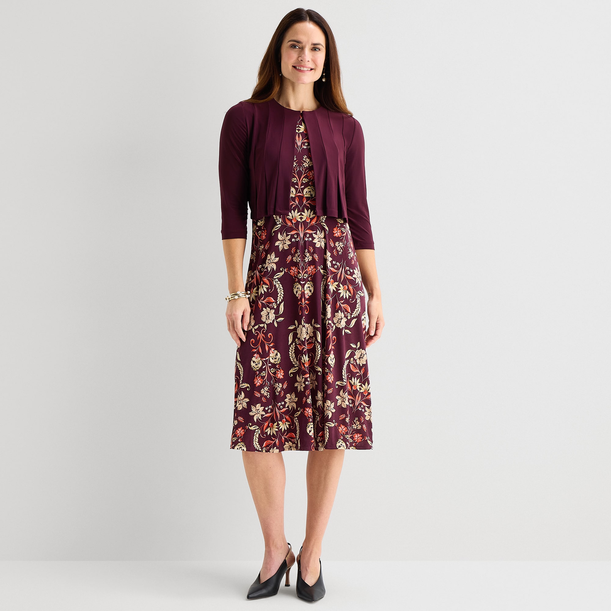 Danny & Nicole Womens Midi Floral Jacket Dress