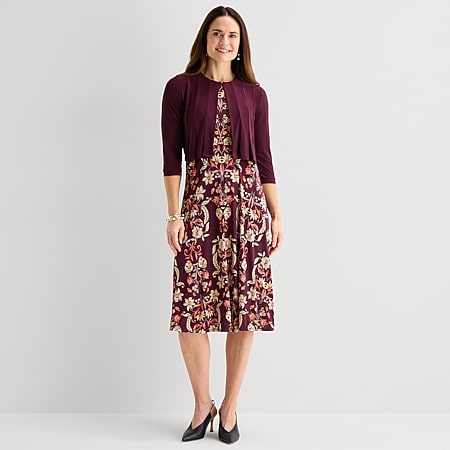 Danny & Nicole Womens Midi Floral Jacket Dress, Color: Teal Rust