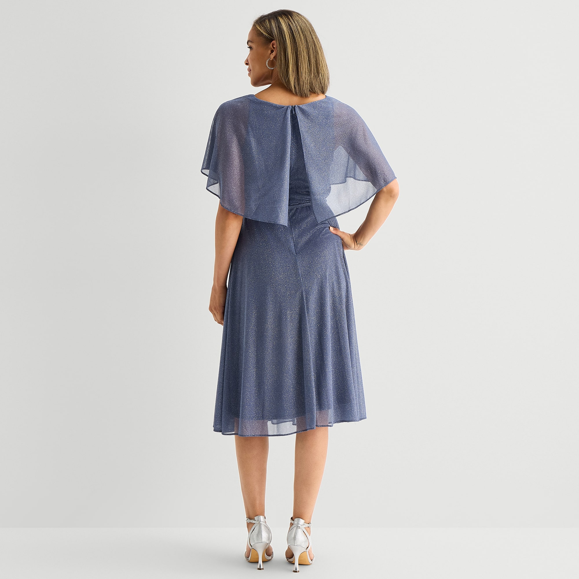 Danny & Nicole Womens Midi Cowl Neck Short Sleeve Cape Fit + Flare Dress