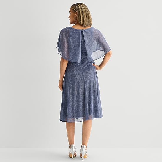 Danny & Nicole Womens Midi Cowl Neck Short Sleeve Cape Chiffon Fit + Flare Dress