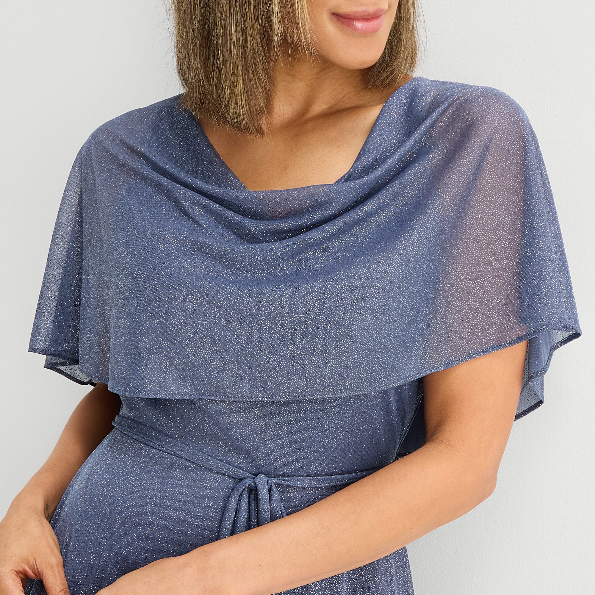 Danny & Nicole Womens Midi Cowl Neck Short Sleeve Cape Fit + Flare Dress
