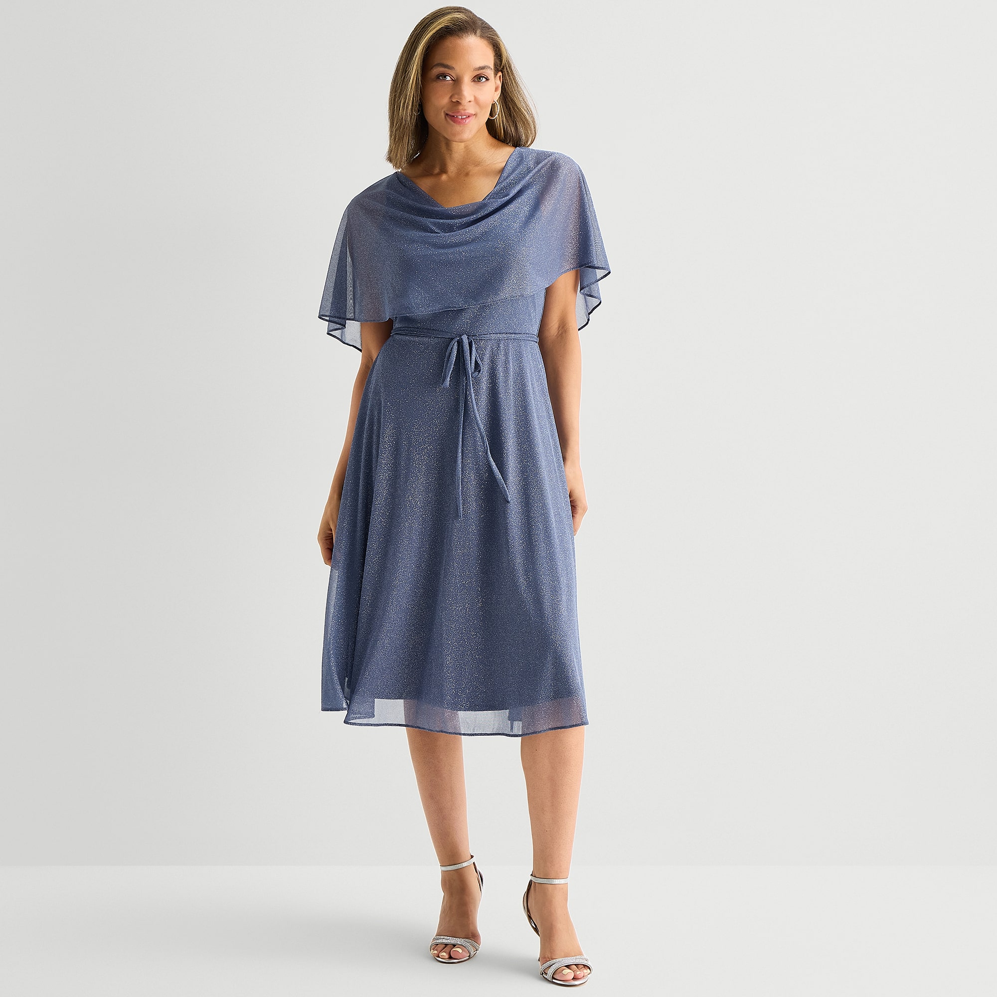 Danny & Nicole Womens Midi Cowl Neck Short Sleeve Cape Fit + Flare Dress