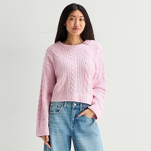 Arizona Juniors Womens Crew Neck Long Sleeve Pullover Sweater In Pink