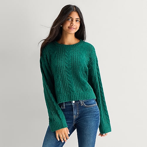 Arizona Juniors Womens Crew Neck Long Sleeve Pullover Sweater In Green