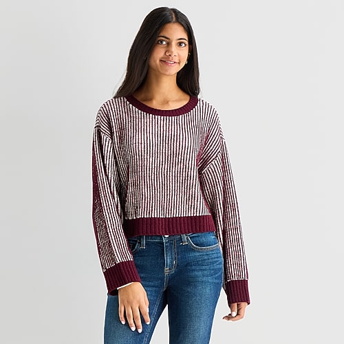 Arizona Juniors Womens Crew Neck Long Sleeve Striped Pullover Sweater In Red