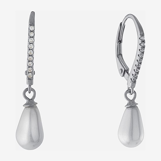 Silver Treasures Womens Simulated Pearl Sterling Silver Round Drop Earrings