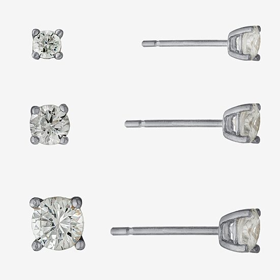 Silver Treasures Womens Cubic Zirconia Sterling Silver Round 3 Pair Earring Set