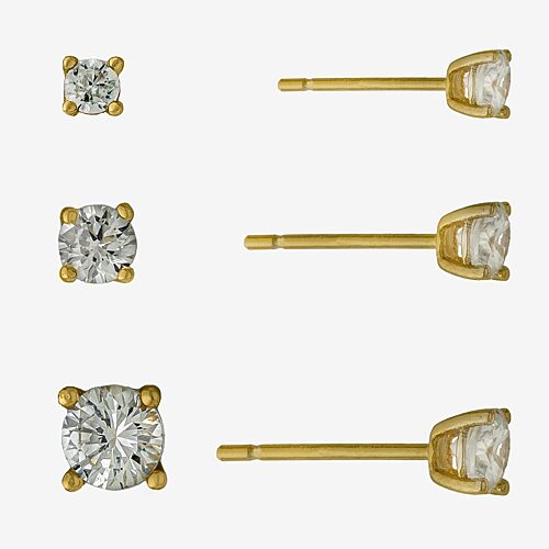 Silver Treasures Womens Cubic Zirconia 14K Gold Over Silver 3 Pair Earring Set, One Size