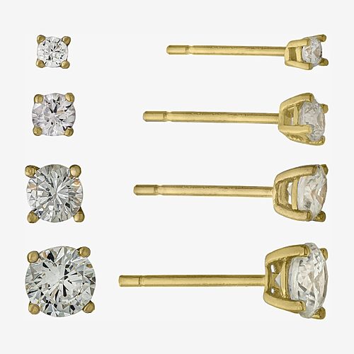 Silver Treasures Womens Cubic Zirconia 14K Gold Over Silver 4 Pair Earring Set, One Size