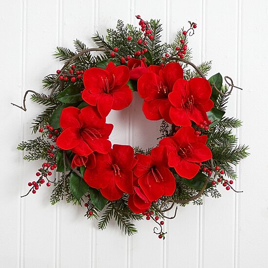 Nearly Natural 24in Amaryllis Wreath
