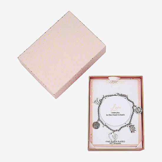 Footnotes Love Womens Crystal Pure Silver Over Brass Stainless Steel Heart Moon Charm Bracelet
