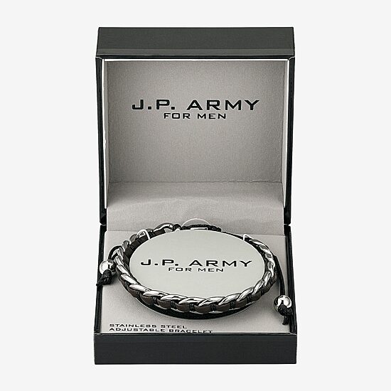 J.P. Army For Men Brown Leather Link Mens Stainless Steel Bolo Bracelet