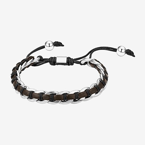 J.P. Army For Men Brown Leather Link Mens Stainless Steel Bolo Bracelet
