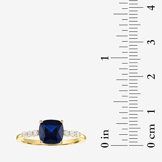 Womens Lab Created Gemstone 10K Gold Side Stone Solitaire Cushion Cocktail Ring