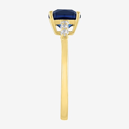 Womens Lab Created Gemstone 10K Gold Side Stone Solitaire Cushion Cocktail Ring
