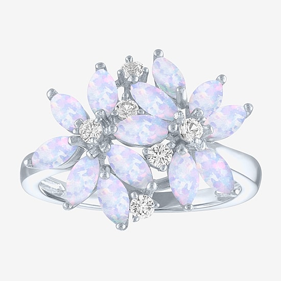 Womens Gemstone Sterling Silver Flower Cluster Cocktail Ring