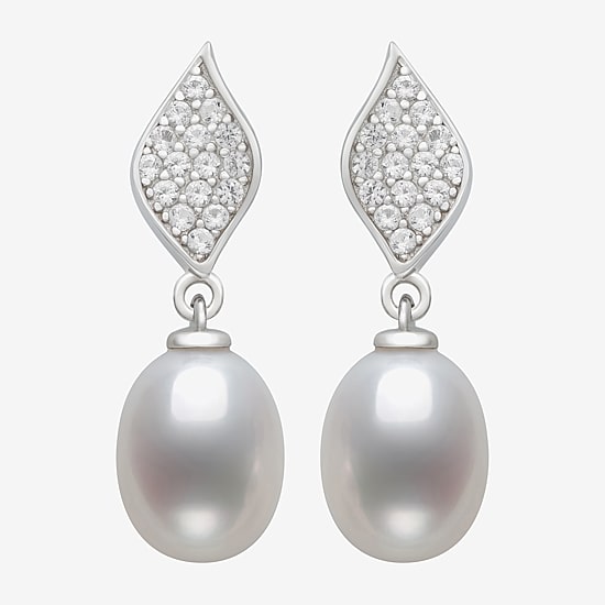 Womens White Cultured Freshwater Pearl Sterling Silver Drop Earrings