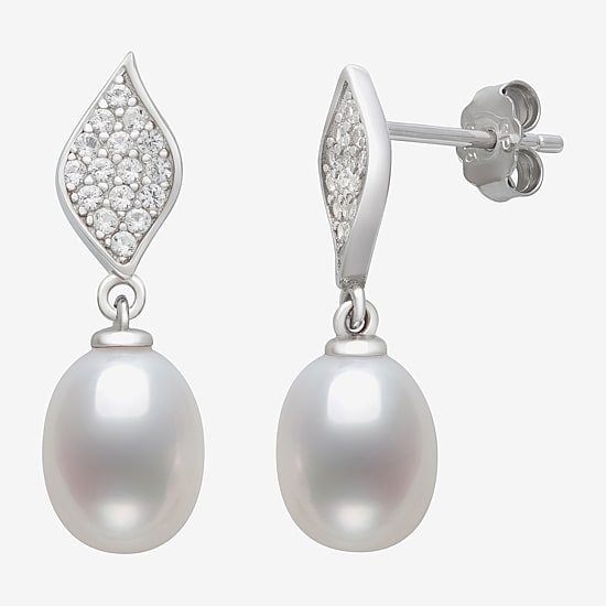 Womens White Cultured Freshwater Pearl Sterling Silver Drop Earrings