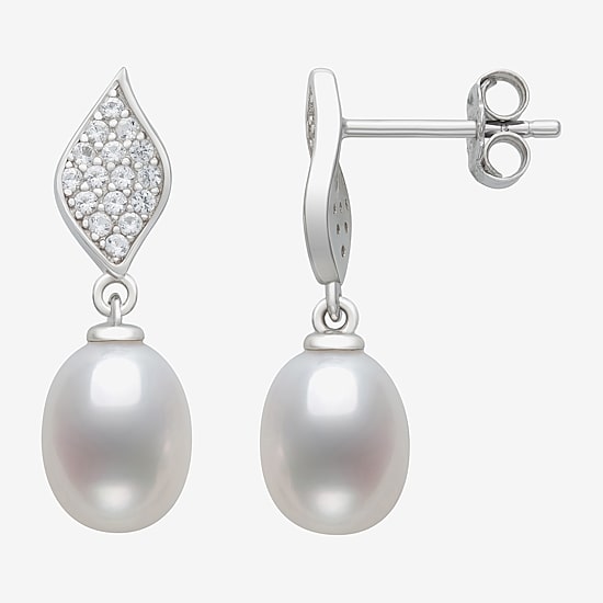 Womens White Cultured Freshwater Pearl Sterling Silver Drop Earrings