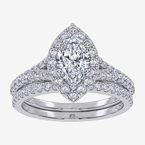 (G / Vs2-Si1) Womens 1 CT. T.W. Lab Grown White Diamond 10K Gold Marquise Side Stone Halo Bridal Set