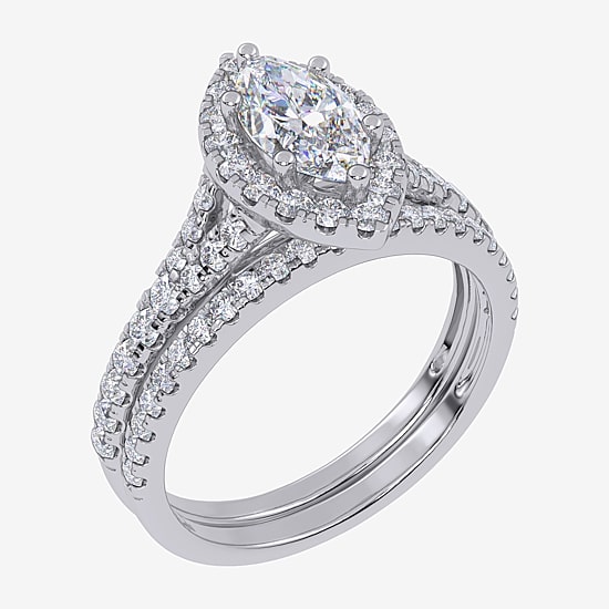 (G / Vs2-Si1) Womens 1 CT. T.W. Lab Grown White Diamond 10K Gold Marquise Side Stone Halo Bridal Set
