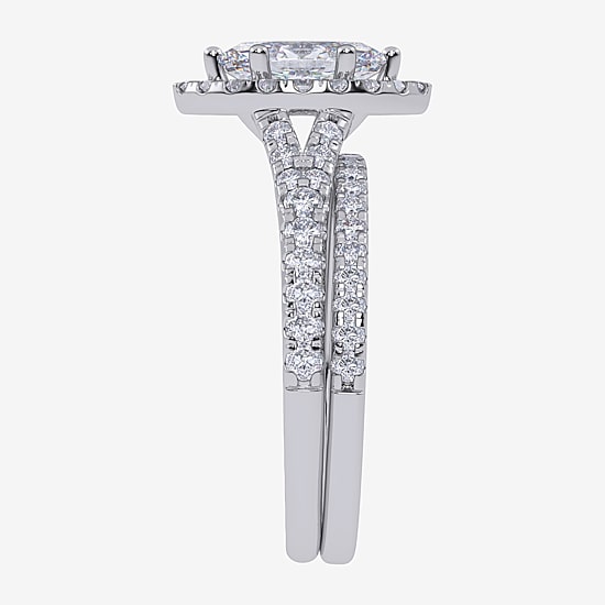 (G / Vs2-Si1) Womens 1 CT. T.W. Lab Grown White Diamond 10K Gold Marquise Side Stone Halo Bridal Set